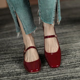 Spring Autumn Women Buckle Mary Janes Shoes Patent Leather Dress Shoes High Heels Pumps Retro Ladies Shoe Black Red