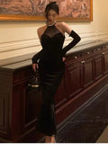 Sexy Black Velvet Midi Dress Women Halter Bodycon Mesh Autumn Winter Trend Elegant Solid Slim Female Party One Piece Robe New