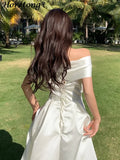 Horetong Bow Slash Neck Sexy Dress Summer Women White Fairy Elegant A-Line Midi Dresses Female Party Prom Clothes Vestdios