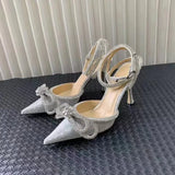 Ins style Glitter Crystal Women Pumps Sexy Ankle strap Rhinestones Bowknot Wedding High heels Fashion Summer Party Prom Shoes