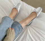 Silvery Slip On Women Mary Jane Shoes Fashion Shallow Butterfly-knot Ladies Comfort Dress Ballet Flats Footwear