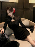 Sexy Black Womens Dresses Elegant Lace Patchwork Flare Long Sleeves Half Open Collar Bodycon Party Mini Dress Short Vestidos