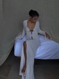 Women's Sexy Deep V Neck Crochet Dress Y2k See Through Knit Long Dress Beach Cut Out Long Sleeve Long Dress White