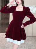 Korean Velvet Mini Dress Elegant Long Sleeve Square Collar Patchwork A-Line Birthday Party Vestidos High Waist Female Dresses