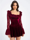 Lace Flare Long Sleeve Sexy Mini Dress For Women Elegant Burgundy Lace-up Square Collar Backless Club Party Dress