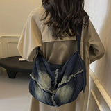 Large Capacity Solid Color Korean Retro Tote Bag Fashion Simple Pleated Crossbody Bag Denim Commuting Women's Shoulder Bag