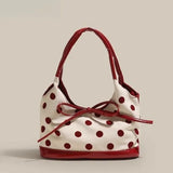 Retro Dot Red Handbag Women Versatile Bow Large Capacity Casual Shoulder Bags Ladies Sweet Cute Underarm Bag Aesthetic