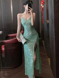 Women's Sexy Green Evening Dresses Slim Backless V-Neck Split Gown Long Dress Fashion Robe Birthday Party Vestidos Spring Autumn