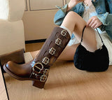 Autumn Winter Women Knee High Boots Fashion Ladies Belt Buckle Knight Long Boots Women's Square Heel Shoes