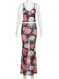 Printed Fashion 2 Piece-Set Women Backless Spaghetti Vest And High Waist Maxi Skirt Female Outfits Vintage Long Skirt Sets