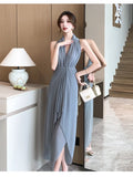 New French Summer Vintage Slim Sleeveless V Neck Strapless Long Dresses Sexy Fashion Backless Irregular Women's Prom Dress