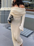 Elegant Knit Maxi Dress Long Flare Sleeve White Ladies Guest Luxury Off Shoulder Beach Event Party Evening Dress Summer