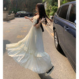 Vintage Ruffle Dress Women Korean Solid Sweet Elegant Preppy Midi Dress Summer Casual Sleeveless Spaghetti Straps A Line Dress