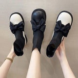 Ankle Mary Janes Boots for Women Kawaii Cute Booties Bow Tie Woman Short Lolita Shoes Flat Round Toe Large Size Warm Pu Autumn