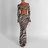 Women's 2 Piece Skirt Outfits Long Sleeve Zebra Print Tie Up Tops Long Bodycon Skirt Set Party Club Clothes Sets