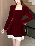 Korean Velvet Mini Dress Elegant Long Sleeve Square Collar Patchwork A-Line Birthday Party Vestidos High Waist Female Dresses