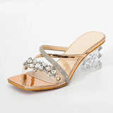 Clear Transparent Heels Slippers Women Fashion Mules Slides Sandals Summer Square Toe Crystal Chain Shoes