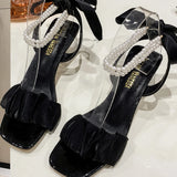 New Summer Fashion Lace Pearl Jewelry Sandals Summer Elegant Casual Thick Heel Open Toe Women's Shoes