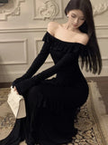 Elegant Black Maxi Dress Women Off Shoulder Long Sleeve High Split Waist Slimming Autumn Evening Party Sexy Vestidos Robe Mujer