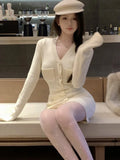 2K Autumn Women's Knitted Dress New Fashion V-Neck Long Sleeve Single Breasted Bodycon Party Mini Dresses Solid Casual Vestidos