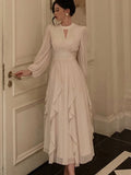 Elegant Ruffles Midi Dress Women Lantern Sleeve High Waist A-line Solid Autumn Spring Female Evening Party Vestidos Robe New