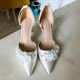 Bride Sandals White Satin Flowers 7cm Thin High Heels Customize Flats 3cm 5cm 9cm Heels Pointed Wedding Party Dress Women Shoes