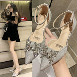 Diamond Bow Purple Ladies Shoes Sandals for Women with Medium Heels Square Summer Footwear Rhinestones Trend Casual H Korea