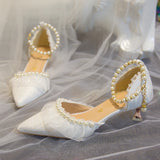 Luxury Silk White Wedding Shoes for Women Summer Pearl Ankle Straps High Heels Pumps Woman Pointed Toe Heeled Dress Shoes
