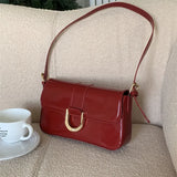 Fashion Metal Buckle Ladies Shoulder Messenger Bag Vintage Red Underarm Bags for Women Patent Leather Female Handbag Small Purse