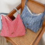 Plaid Red Shoulder Bag for Women Elegant Casual College Style Large Capacity Backpack Cute Sweet Harajuku Fashion Bag