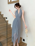 New French Summer Vintage Slim Sleeveless V Neck Strapless Long Dresses Sexy Fashion Backless Irregular Women's Prom Dress