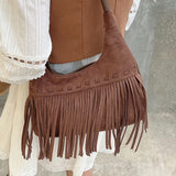 Vintage Brown Womens Shoulder Bag Tassel Y2k Fashion Bohemian Style Crossbody Bag Designer Solid Color New Female Handbag