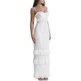 Lace Long Dresses White Low Cut Spaghetti Strap Sleeveless High Split Long Dresses y2k Aesthetic Dress Women Party Clubwear