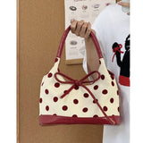 Retro Dot Red Handbag Women Versatile Bow Large Capacity Casual Shoulder Bags Ladies Sweet Cute Underarm Bag Aesthetic