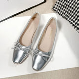 Ladies Footwear with Bow Silver Women's Flat Shoes Square Toe Evening Summer Korean Style Discount Casual E Luxury Brand L