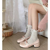 Women Chunky Heel Shoes New Fashion Bowknot Strap Mid Heels Women Mary Jane Shoes Dress Shallow Mouth Ladies Ballet Shoes
