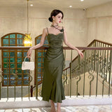 Satin Suspender Midi Dresses for Women New Summer Elegant Party Evening Clothes Female Fashion Sexy Slim Green Dress Vestid