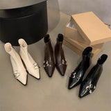 Women's Boots Autumn Shoes Boots-Women Black Rubber Pointy Med Ladies Rock Ankle PU Hoof Heels Rome Pointed Toe Micr