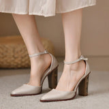 Women's Pumps Vintage Pointed Toe Chunky Heel Strange Style Lattice Hollow High Heels Party Leather Shoes Plus Size 43