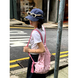 Fashion Pink Bear Drawstring Backpack for Women Kawaii Cartoon Cotton Y2k Women Backpack Korean Style Travel Shopping Girls Bag