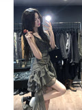 Japanese Sexy Dark Sleeveless V-neck Women Dresses Cascading Ruffles Asymmetrical Femme Robe Harajuku Summer Camisole Dress