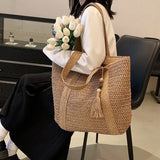 Elegant Ladies Straw Woven Handbag Women Holiday Beach Commute Casual Tote Top-Handle Bags Fashion Retro Shoulder Bags