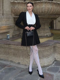 Contrast Color Lapel Suit Dress Elegant Office Woman Outfits Pleatd Splice High Waist Mini Dress Double Breasted Fashion