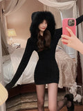 Winter Knitted Sweater Dress with Hooded Women Slim Bodycon Y2k Mini Dress Faux Fur Female One Piece Dress Korean Elegant