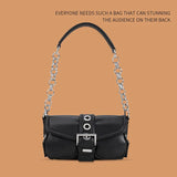 Women Underarm Bag Metal Chain High Quality Ladies Pu Leather Shoulder Bags Female Vintage Double Pocket Buckle Purse Handbags