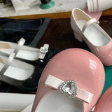 Crystal Bowtie Pink Mary Jean Lolita Shoes Women Spring Patent Leather Low Heels Pumps Woman Japan Round Toe Cosplay Shoes