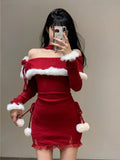 Christmas New Years Bodycon Knitted Mini Dress Women Casual Long Sleeve Sweet Elegant Even Party One Piece Dress Korean Fur