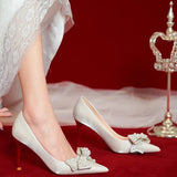 Luxury Pearl Bowknot Wedding Bridal Shoes for Women Sexy Pointed Toe Stiletto Heel Pumps Woman Beige Satin High Heels Shoes