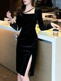 Vintage Bodycon Velvet Party Dresses for Women Elegant Slim Slit Evening Prom Vestidos Autumn Female One Piece Black Clothes New