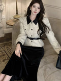Elegant Two Piece Skirt Set For Women Office Lady Vintage Outfits Fashion Long Sleeve With Belt Jacket Black Velvet Midi Skirts